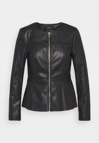 Giacca di pelle nera con scollatura tonda, maniche lunghe e chiusura frontale con zip. Presenta dettagli delle cuciture e una silhouette aderente.
