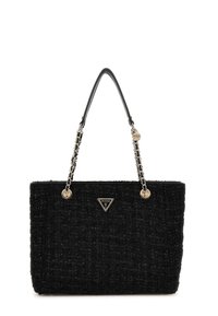 Schwarze Handtasche mit einer strukturierten Stoffoberfläche, silbernen Kettenakzenten, ledernen Schulterriemen und einem dreieckigen Logo auf der Vorderseite.