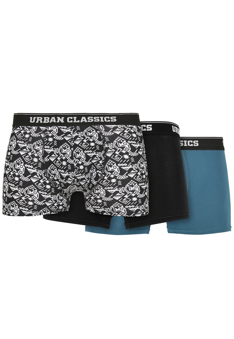 Boxershort-Set mit drei Paaren: eines mit einem schwarz-weißen geometrischen Muster, eines einfarbig schwarz und eines in Teal. Baumwollmischung mit elastischem Bund.