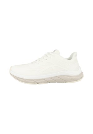 Hvid lavsports sneaker med tekstureret beige sål, snørelukning og polstret krave, designet til urban trailløb.