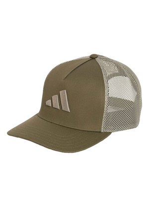 Czapka trucker w kolorze oliwkowej zieleni z beżową siateczką z tyłu i haftowanym trójkolorowym trójkątnym logo na przednim panelu.
