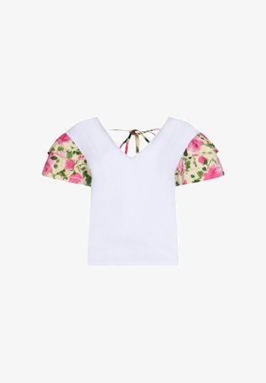 White short-sleeve top with V-neck and floral puff sleeves in pink and green, featuring a back tie detail.