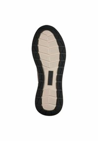 Semelle de chaussures marron avec un motif de bande de roulement en caoutchouc noir, présentant une semelle intermédiaire beige texturée et une étiquette "TIMBERLAND" au centre.