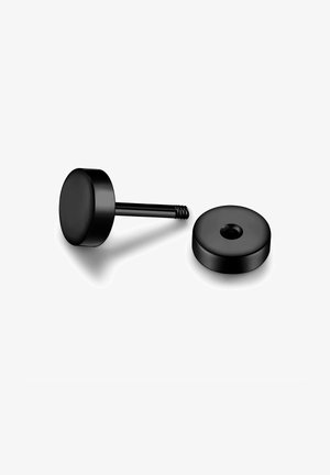 Black circular magnetic fastener with a threaded rod and a second matching disc. Smooth texture and matte finish. Compact design.