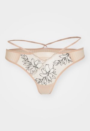 String in pizzo con ricami floreali in crema, con un design in rete trasparente; dotato di una vita beige chiaro e spalline incrociate regolabili.