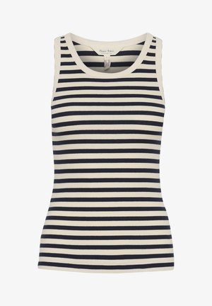 Raidallinen hihaton paita, jossa on kiinteä muotoilu ja ribbitoimista kangasta. Värit sisältävät laivastonsinistä ja kermaa, ja siinä on tasaiset vaakaraitoja.