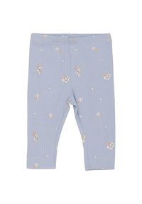 Ljusblå baby leggings i ribbad textur, med spridda blommönster i beige och vitt, med elastisk midja och uppvikta fållar.