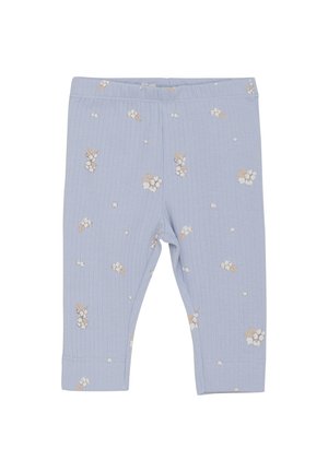 Helle blaue Baby-Leggings aus geripptem Material, mit verstreuten Blumenmustern in Beige und Weiß, einem elastischen Taillenbund und umgeschlagenen Säumen.