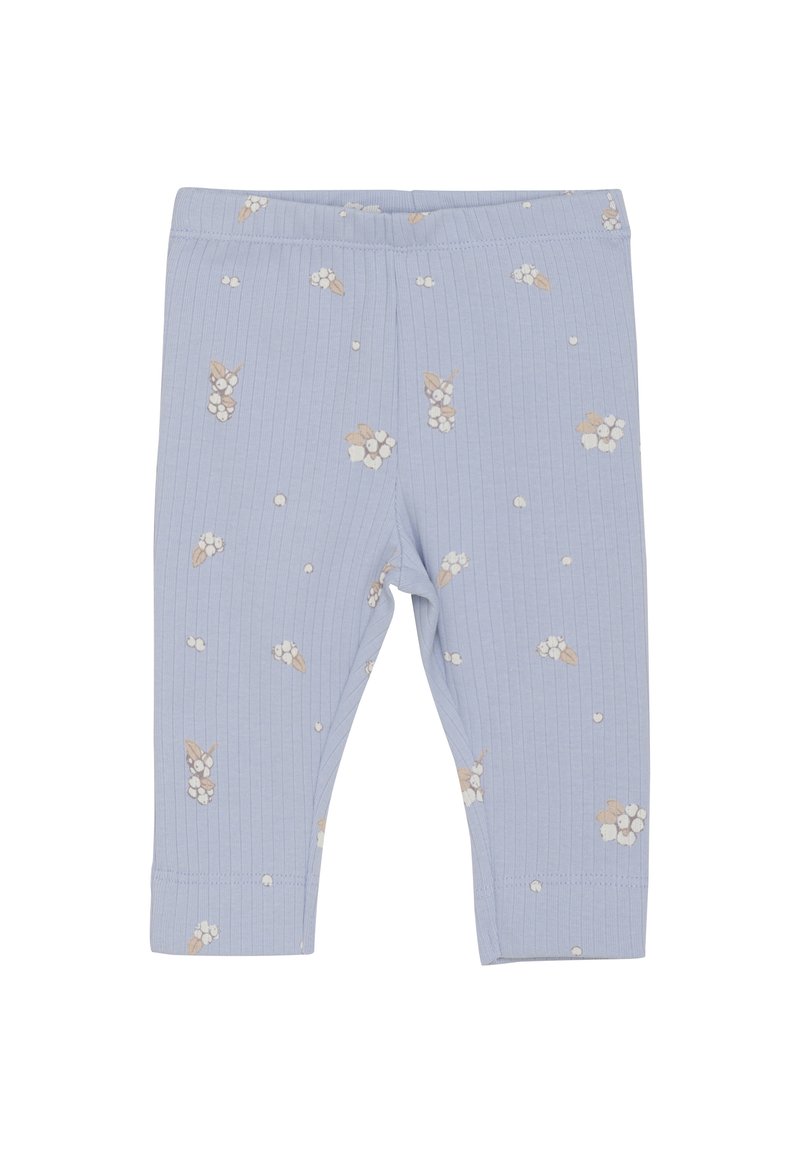 Ljusblå baby leggings i ribbad textur, med spridda blommönster i beige och vitt, med elastisk midja och uppvikta fållar.