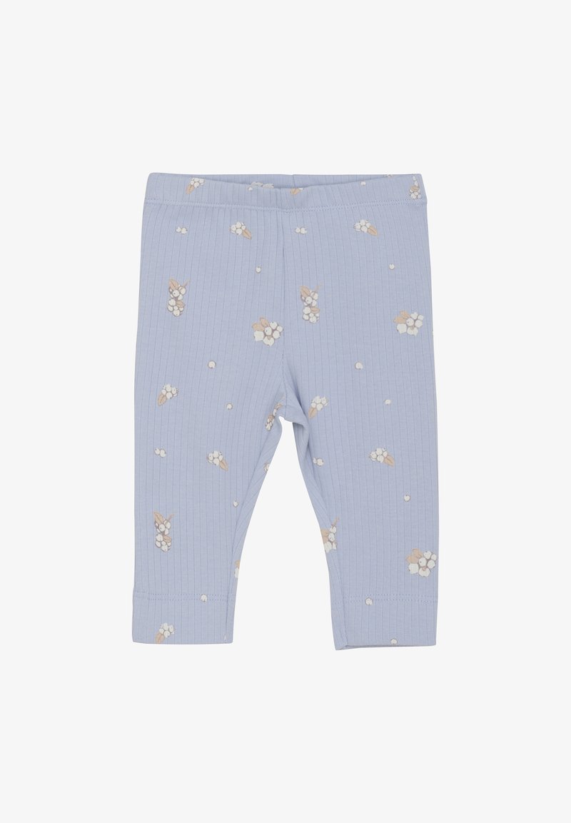 Ljusblå baby leggings i ribbad textur, med spridda blommönster i beige och vitt, med elastisk midja och uppvikta fållar.