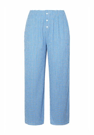 Blue and white checkered loose-fit pants with elastic waistband and three white buttons on the front.
