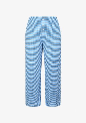 Blue and white checkered loose-fit pants with elastic waistband and three white buttons on the front.