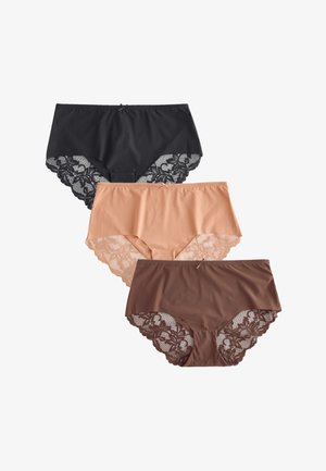 Tri para ženskih gaćica: crne s čipkastim rubom, breskvasto boje i smeđe, sve s valovitim čipkastim rubom i detaljem satenske mašne.