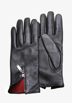 Schwarze Lederhandschuhe mit glatter Textur, ausgestattet mit einem roten Innenfutter und einem silbernen Reißverschlussdetail am Bund. Fünf-Finger-Design.