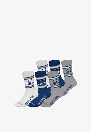Pět párů sportovních ponožek v bílé, modré a šedé barvě s logy "COLTS" a "INDIANAPOLIS" a kontrastními pruhy na horní části.