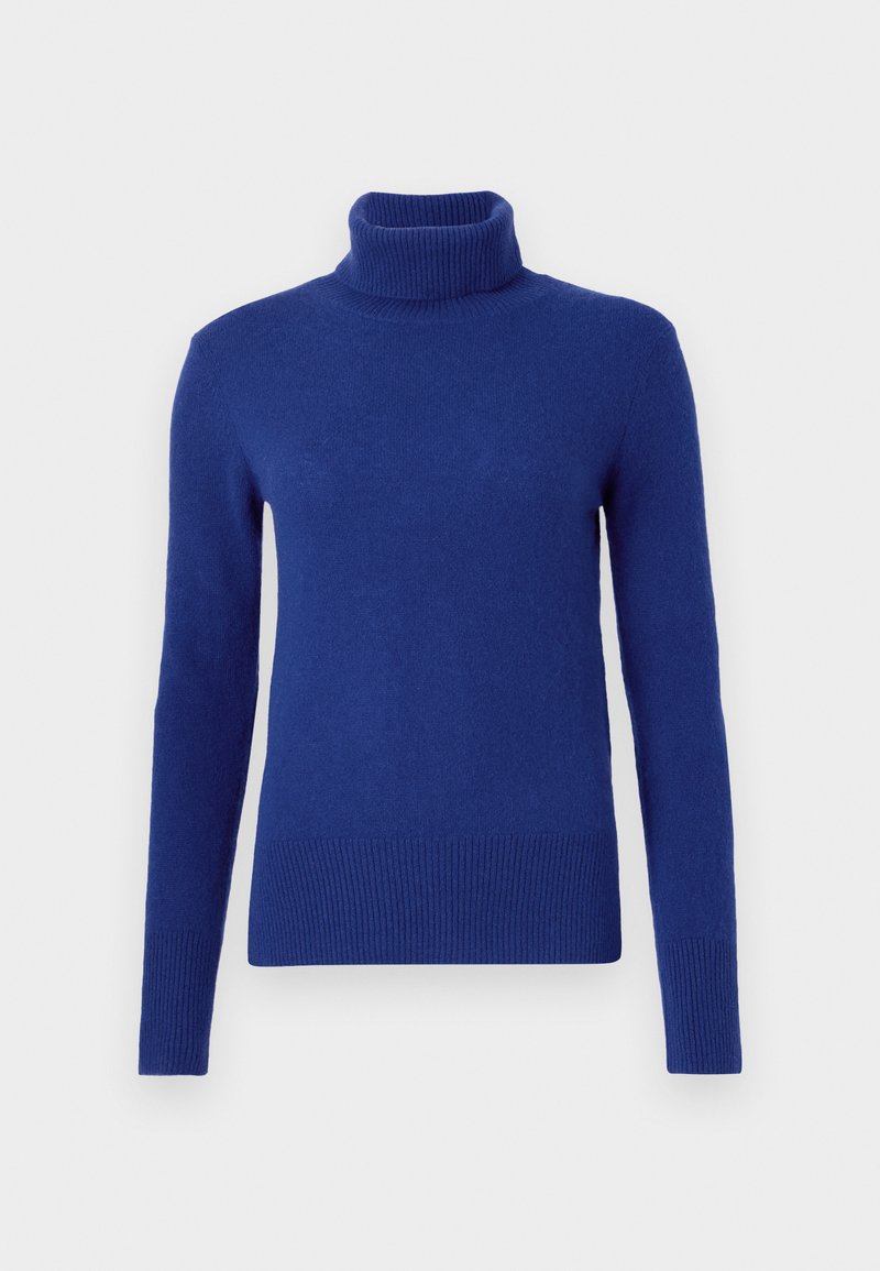 Pull à col roulé bleu en tissu tricoté doux, affichant des manches longues et des bords côtelés au col et à l'ourlet pour ajouter de la texture.