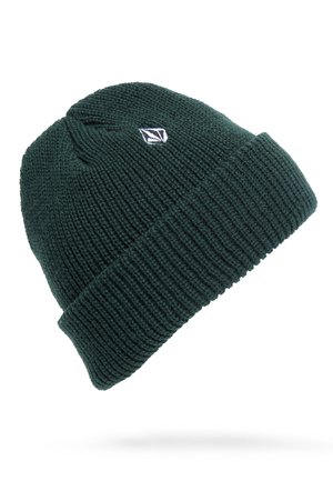 Bonnet d'hiver en laine vert foncé avec un revers plié et un petit logo géométrique blanc et noir sur le côté.