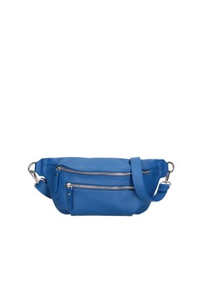 Blaue Leder-Gürteltasche mit zwei Reißverschlussfächern und einem verstellbaren Riemen mit Metallverschlüssen auf weißem Hintergrund.