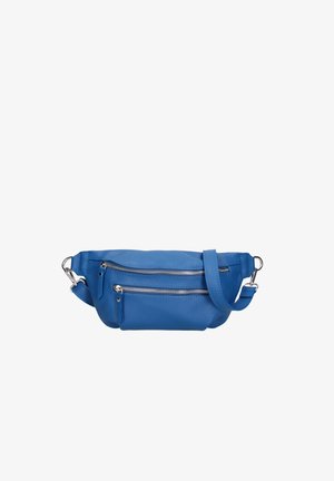 Sac banane en cuir bleu avec deux compartiments zippés et une sangle réglable avec des fermoirs métalliques sur fond blanc.