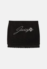 Črna žametna mini krila z valovito čipkastim robom, ki vsebuje kamenčke z logotipom "Juicy" in cvetličnim poudarkom. Mehak, gladek dotik.