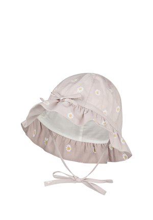 Hellrosa Babysonnenhut mit kleinen weißen Gänseblümchenmustern, gerafftem Rand und gebundenen Kinnriemen.