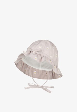 Light pink baby sun hat with small white daisy patterns, ruffled brim, and tied chin straps.