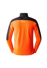 Fleece jacket featuring vibrant orange fabric with black accents, a mock neck, and a logo near the upper back, designed for warmth and visibility.