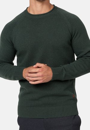 Mann trägt einen dunkelgrünen, gestrickten Pullover mit gerippten Bündchen und Saum, die Hände vor der Taille verschränkt, vor einem schlichten hellen Hintergrund.