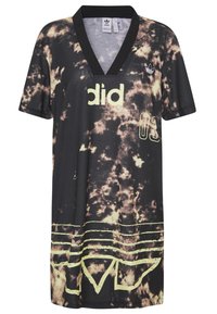 Svart och krämfärgad tie-dye t-shirtklänning med korta ärmar, v-ringning och kontrasterande gula grafiska detaljer och accentfärger.