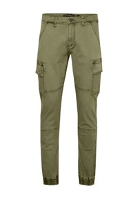 Olijfgroene cargobroek van een katoenmix, met meerdere zakken, kniezomen en elastische boorden bij de enkels.