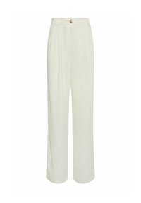 Losse, crèmekleurige linnen broek met hoge taille, voorplooien en een enkele knoopsluiting.