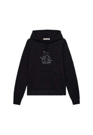Sweatshirt à capuche noir en mélange de coton, avec une poche avant et un logo imprimé avec des éléments de design. Capuche réglable avec cordon.