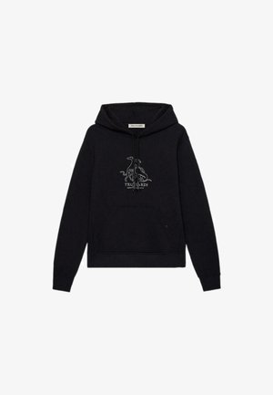 Sudadera negra con capucha en mezcla de algodón, que cuenta con un bolsillo frontal y un logotipo impreso con elementos de diseño. Capucha ajustable con cordones.