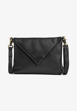 Bolso bandolera negro de cuero estilo sobre con correa ajustable y cierres en tono dorado, mostrado sobre un fondo blanco.