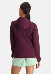 Veste à capuche bordeaux en tissu texturé et design ajusté, associée à un short vert clair. Présente des fermetures éclair et une silhouette élégante.