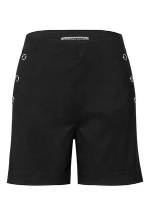 Sorte shorts lavet af et glat stof, med høj talje og sølvknapdetaljer på siderne. Rent, skræddersyet design uden mønstre.