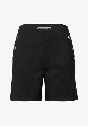 Sorte shorts lavet af et glat stof, med høj talje og sølvknapdetaljer på siderne. Rent, skræddersyet design uden mønstre.