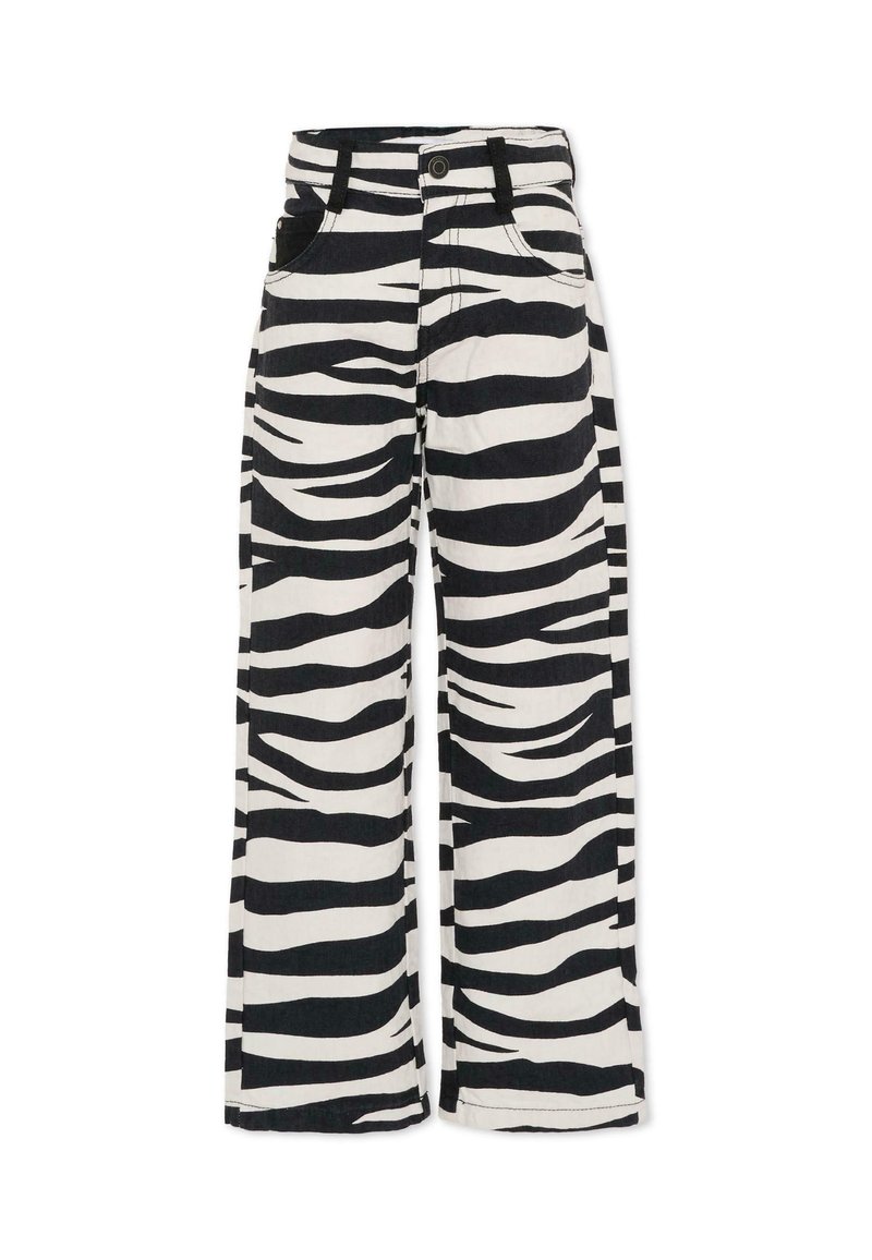 Zwart-witte zebra gestreepte wijde broek met een knopen sluiting, twee voorzakken en een zachte, textuurstof.