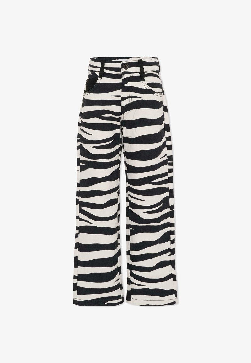 Zwart-witte zebra gestreepte wijde broek met een knopen sluiting, twee voorzakken en een zachte, textuurstof.