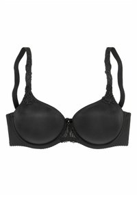 Sostén negro acolchado con detalles de encaje en las correas y el centro. Presenta tela suave, soporte con aros y correas ajustables para un mejor ajuste.