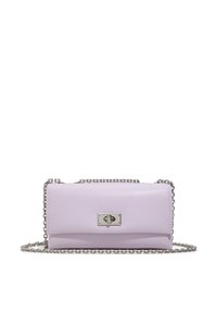 Borsa crossbody in pelle lilla con tracolla a catena, forma rettangolare e dettaglio con chiusura metallica. Texture liscia con un design minimalista.