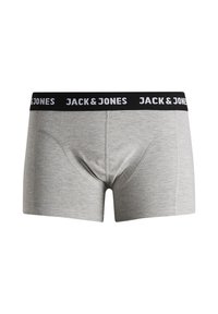 Graue Baumwollboxershorts mit einem schwarzen Bündchen, das den Text "JACK & JONES" in Weiß aufweist. Glatte Textur und enganliegendes Design.