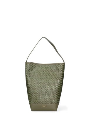 Olivengrøn flettet læder-tote taske med enkelt skulderrem og solid læderbund, minimalistisk design.