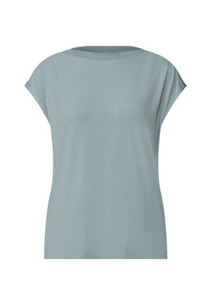 Lichtblauwe t-shirt met korte mouwen en een ronde halslijn. Gemaakt van zachte stof, heeft een losse pasvorm met verlaagde schouders en geen patronen.