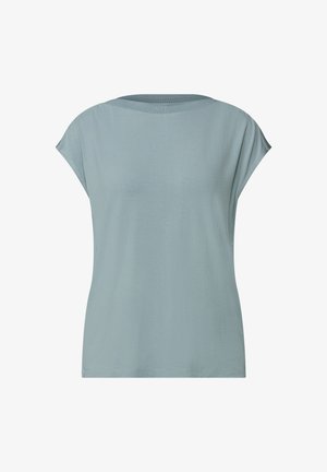 Camiseta de manga corta en azul claro con escote redondo. Hecha de tela suave, tiene un ajuste relajado con hombros caídos y sin estampados.