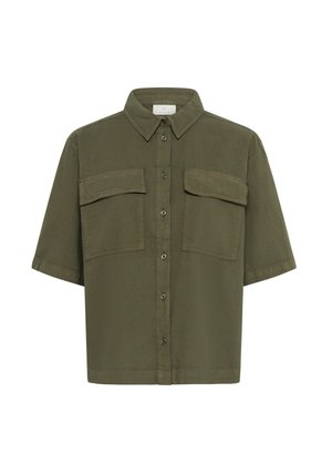Short-sleeve olive green shirt in a soft fabric, featuring a button front, collar, and two front chest pockets.