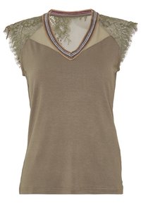 Olive green short-sleeve top with lace and mesh detailing on shoulders, V-neck with striped accents, and soft fabric texture.