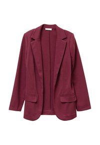 Blazer burdeos hecho de una tela suave y texturizada que presenta un cuello con muescas, cierre abierto y dos bolsillos frontales. Diseño casual pero estructurado.