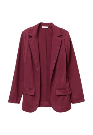 Bordeaux blazer lavet af blødt, tekstureret stof med en spids krave, åben front og to frontlommer. Uformel, men alligevel struktureret design.