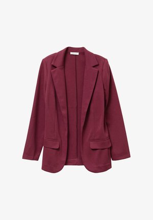 Bordeauxfarbener Blazer aus weichem, strukturiertem Stoff mit einem Reverskragen, offenem Frontbereich und zwei Fronttaschen. Lässiges, aber strukturiertes Design.